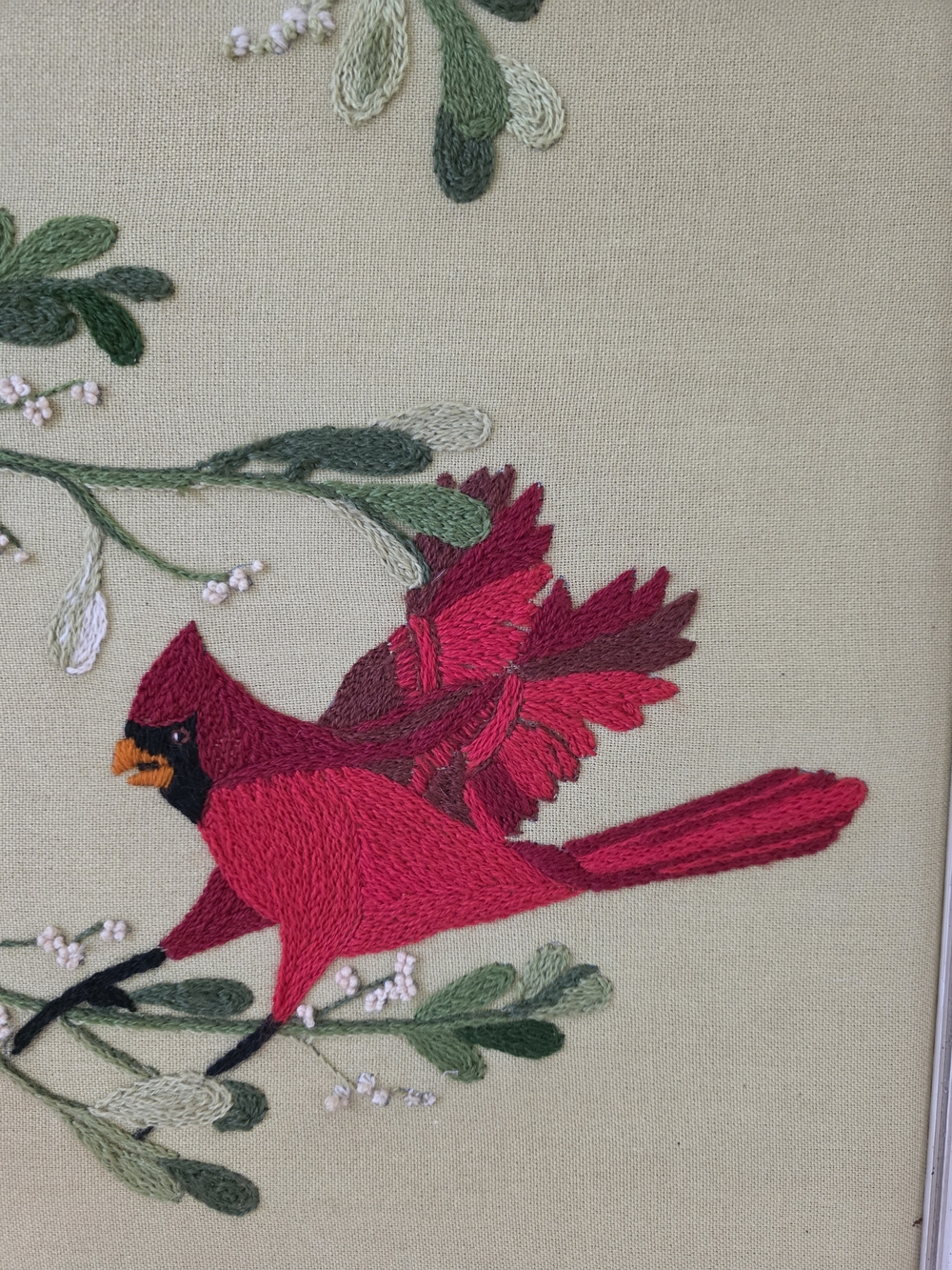 Vintage Mid Century Modern Crewel Embroidery Cardinals Mistletoe Framed Wall Art - Picture 11 of 16